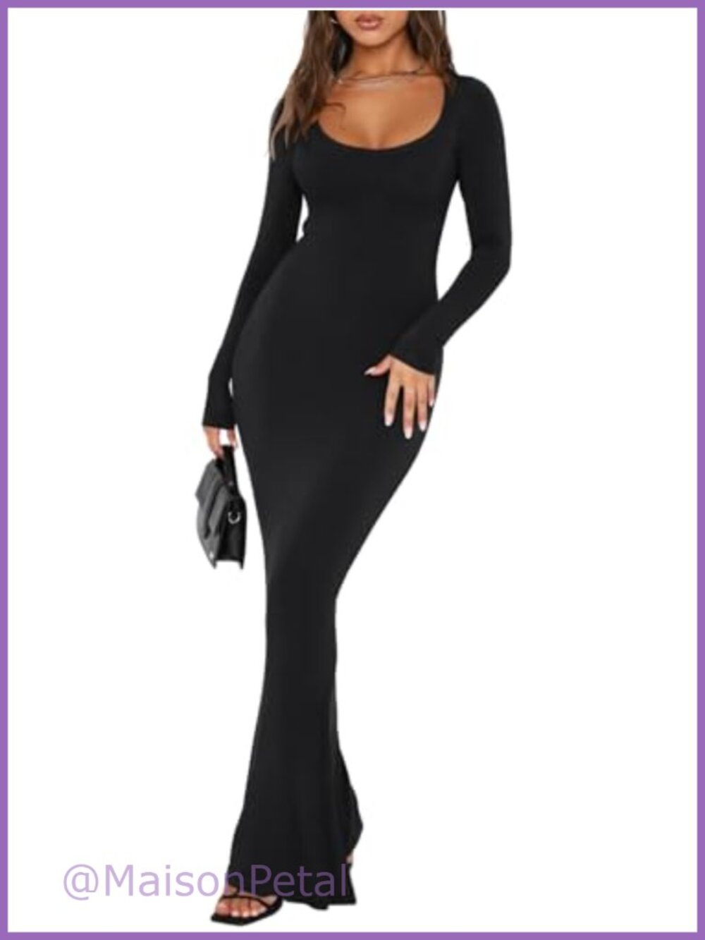 Women's Square Neck Long Sleeve Ribbed Bodycon Maxi Dress